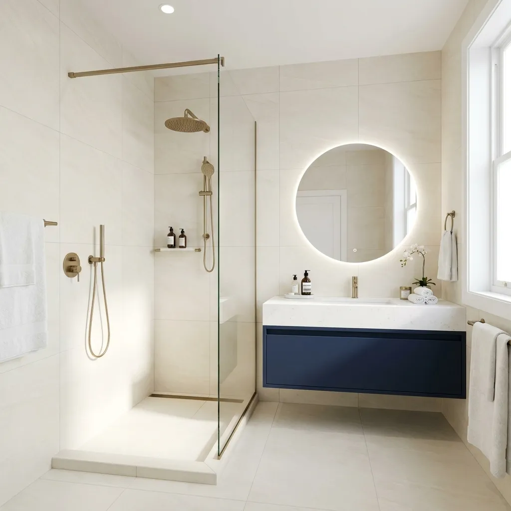 Renovated bathroom with walk-in shower and brass fixtures